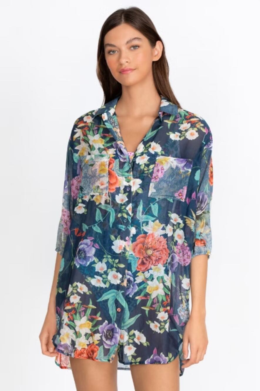 Johnny Was Paria Shirt Dress Medium Silk Blend Sheer Tunic Oversized Boho Floral